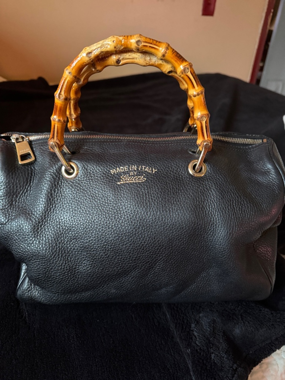 Gucci Black Pebbled Leather Satchel with Bamboo Handles